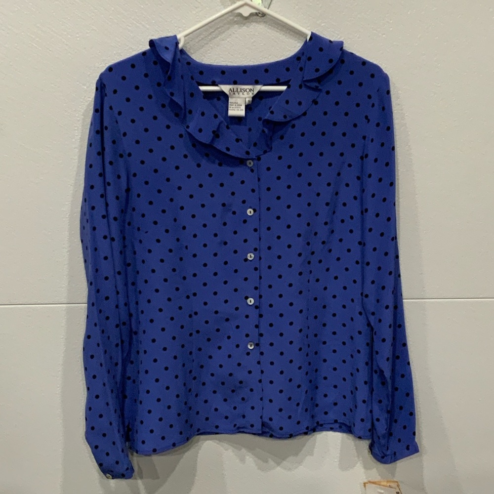 Blue Polka Dot Ruffle Collar Blouse